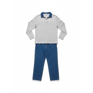 Season Ticket Vintage Gray Ribbed Polo‎ Top & Blue Pants Set, Women's Size L/16